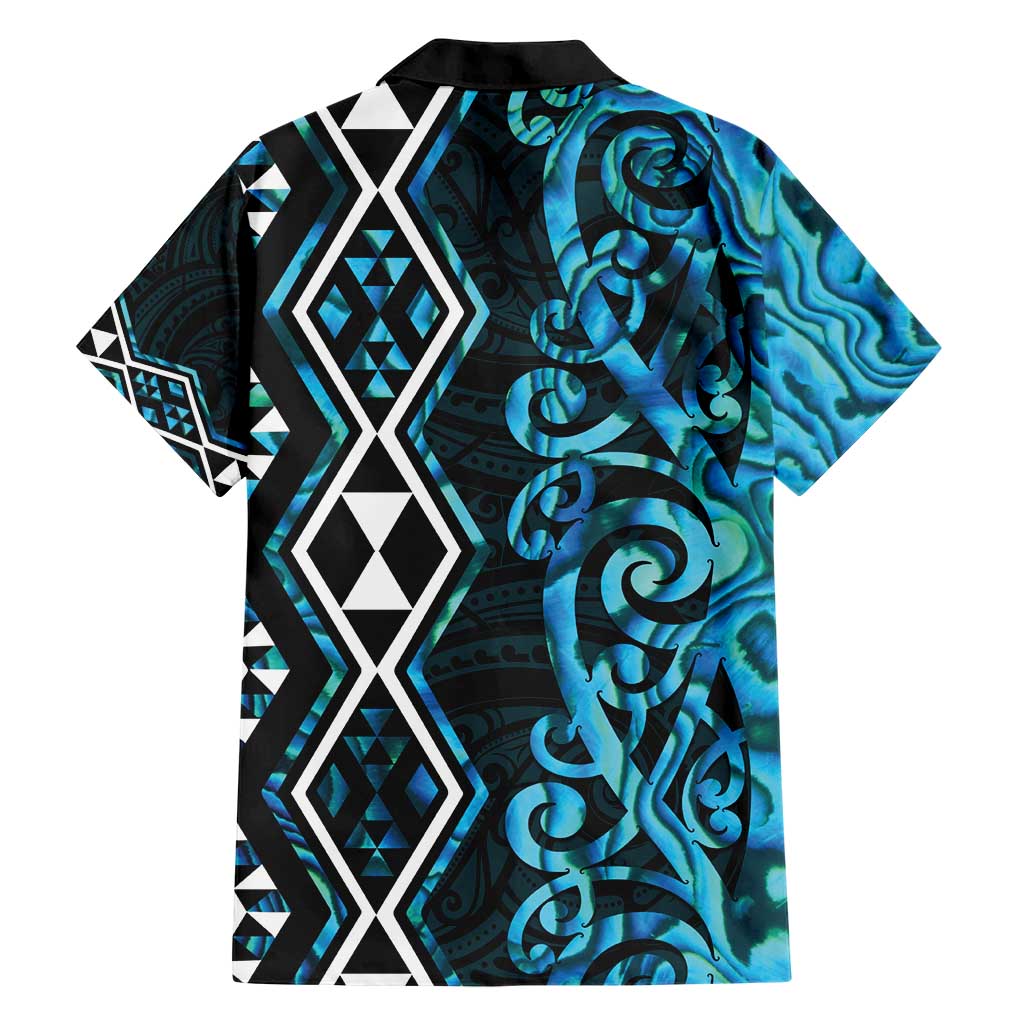 Turquoise Aotearoa Hawaiian Shirt Taniko Motifs With Paua Shell Kowhaiwhai