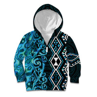 Turquoise Aotearoa Kid Hoodie Taniko Motifs With Paua Shell Kowhaiwhai