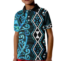Turquoise Aotearoa Kid Polo Shirt Taniko Motifs With Paua Shell Kowhaiwhai