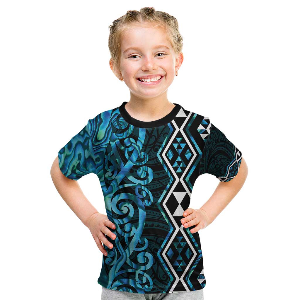 Turquoise Aotearoa Kid T Shirt Taniko Motifs With Paua Shell Kowhaiwhai