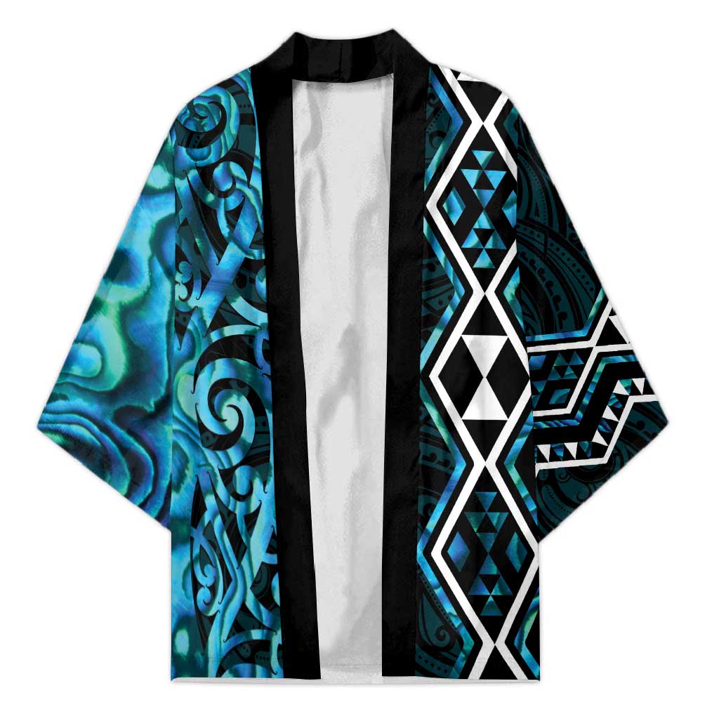 Turquoise Aotearoa Kimono Taniko Motifs With Paua Shell Kowhaiwhai - Polynesian Pride