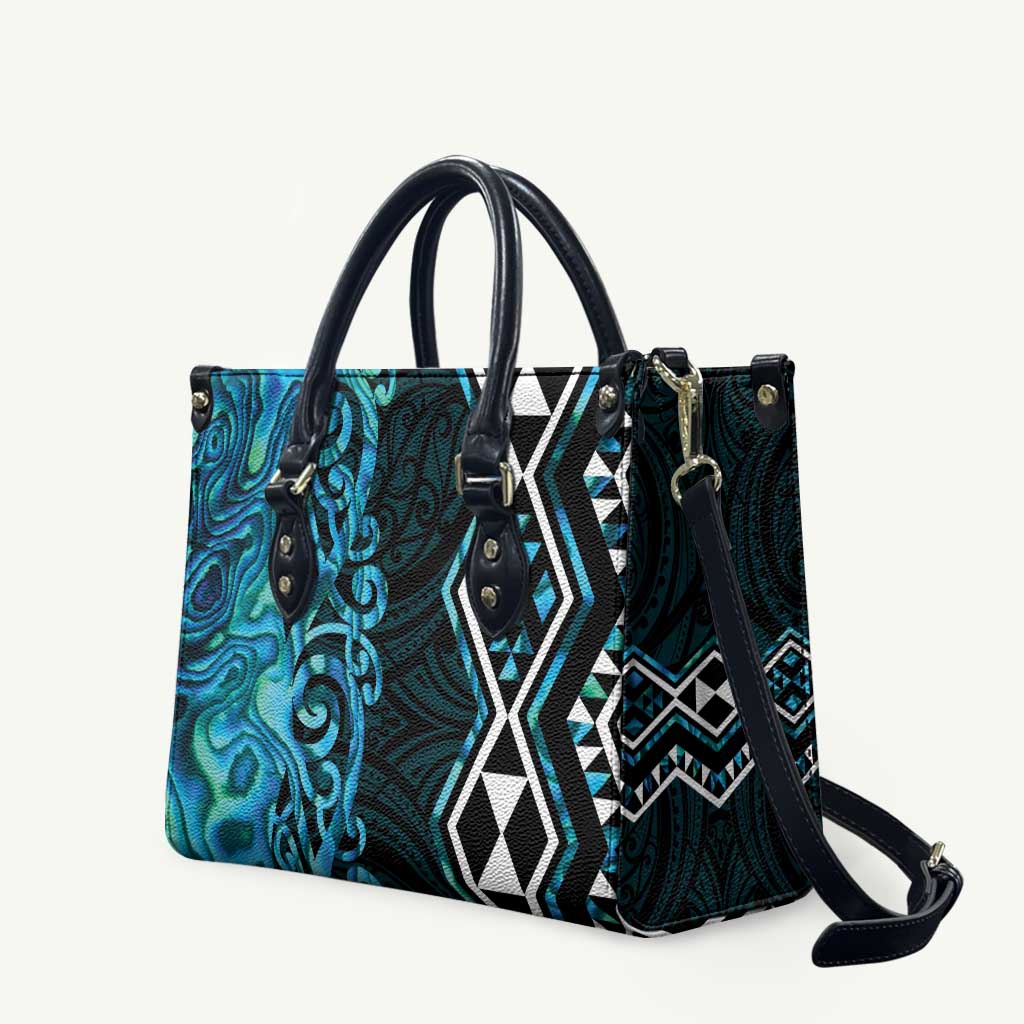 Turquoise Aotearoa Leather Bag Taniko Motifs With Paua Shell Kowhaiwhai - Polynesian Pride