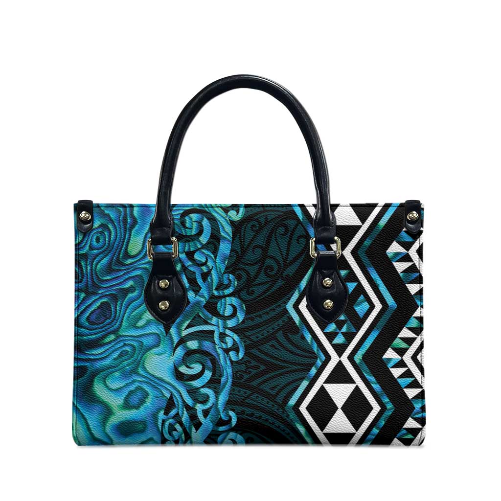 Turquoise Aotearoa Leather Bag Taniko Motifs With Paua Shell Kowhaiwhai - Polynesian Pride