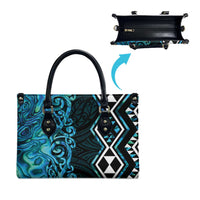 Turquoise Aotearoa Leather Bag Taniko Motifs With Paua Shell Kowhaiwhai - Polynesian Pride
