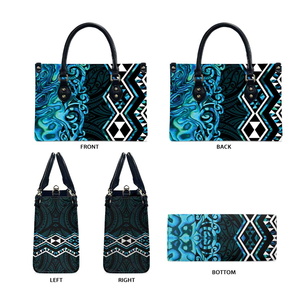 Turquoise Aotearoa Leather Bag Taniko Motifs With Paua Shell Kowhaiwhai - Polynesian Pride