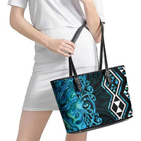 Turquoise Aotearoa Leather Tote Bag Taniko Motifs With Paua Shell Kowhaiwhai