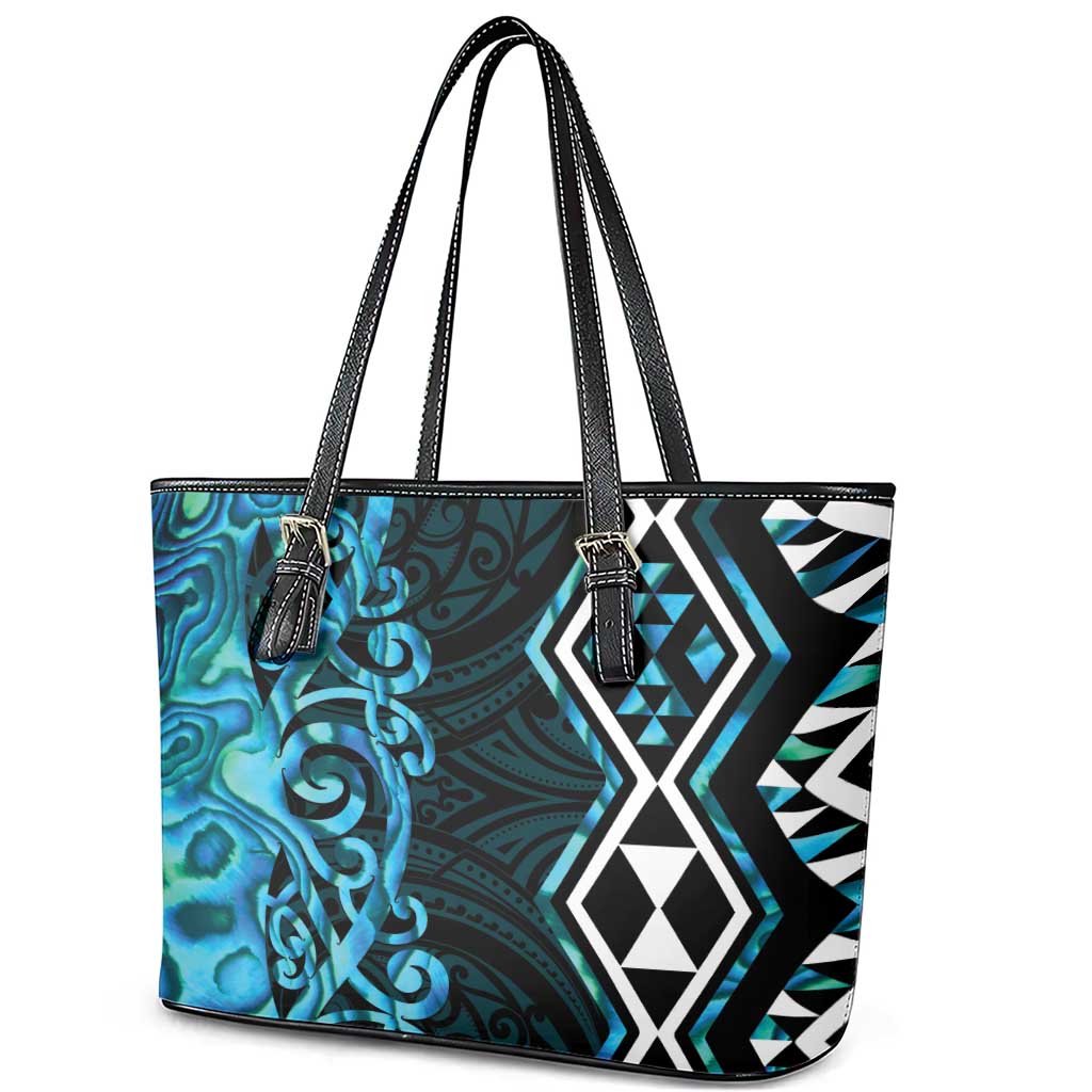 Turquoise Aotearoa Leather Tote Bag Taniko Motifs With Paua Shell Kowhaiwhai