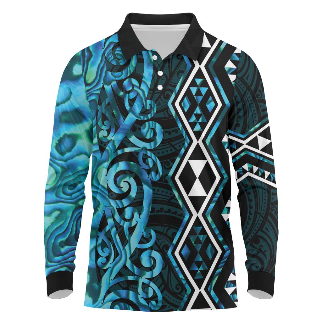 Turquoise Aotearoa Long Sleeve Polo Shirt Taniko Motifs With Paua Shell Kowhaiwhai LT14 Turquoise - Polynesian Pride