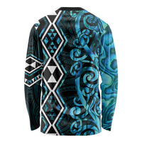 Turquoise Aotearoa Long Sleeve Shirt Taniko Motifs With Paua Shell Kowhaiwhai
