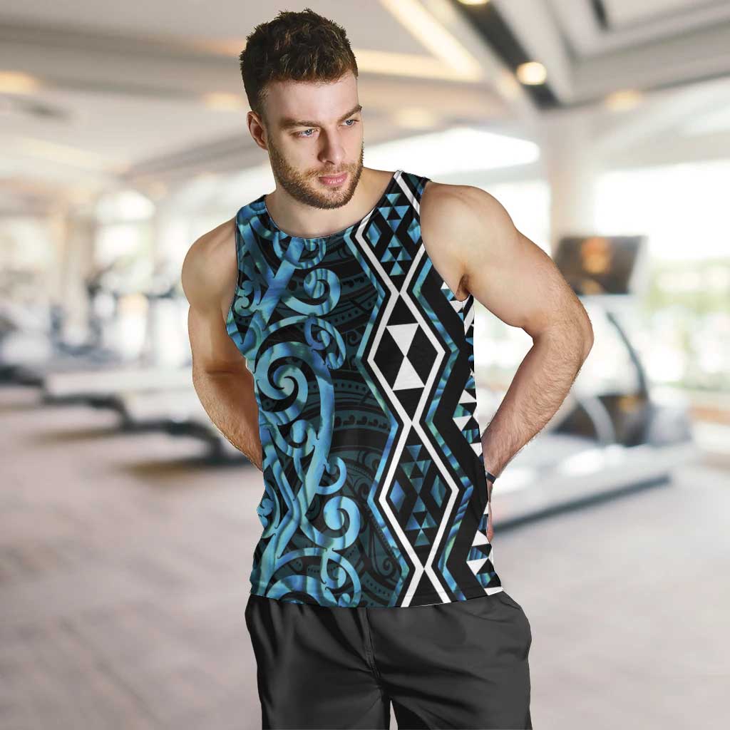 Turquoise Aotearoa Men Tank Top Taniko Motifs With Paua Shell Kowhaiwhai