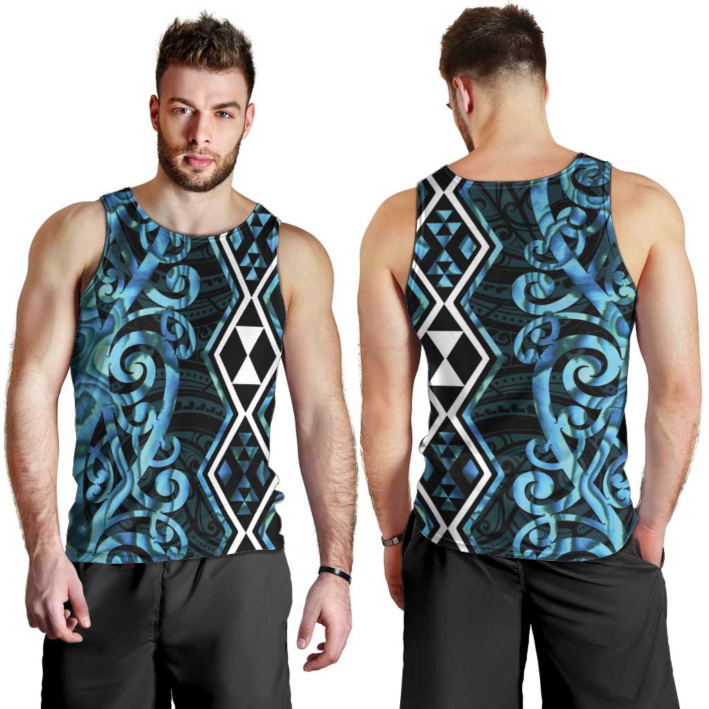 Turquoise Aotearoa Men Tank Top Taniko Motifs With Paua Shell Kowhaiwhai