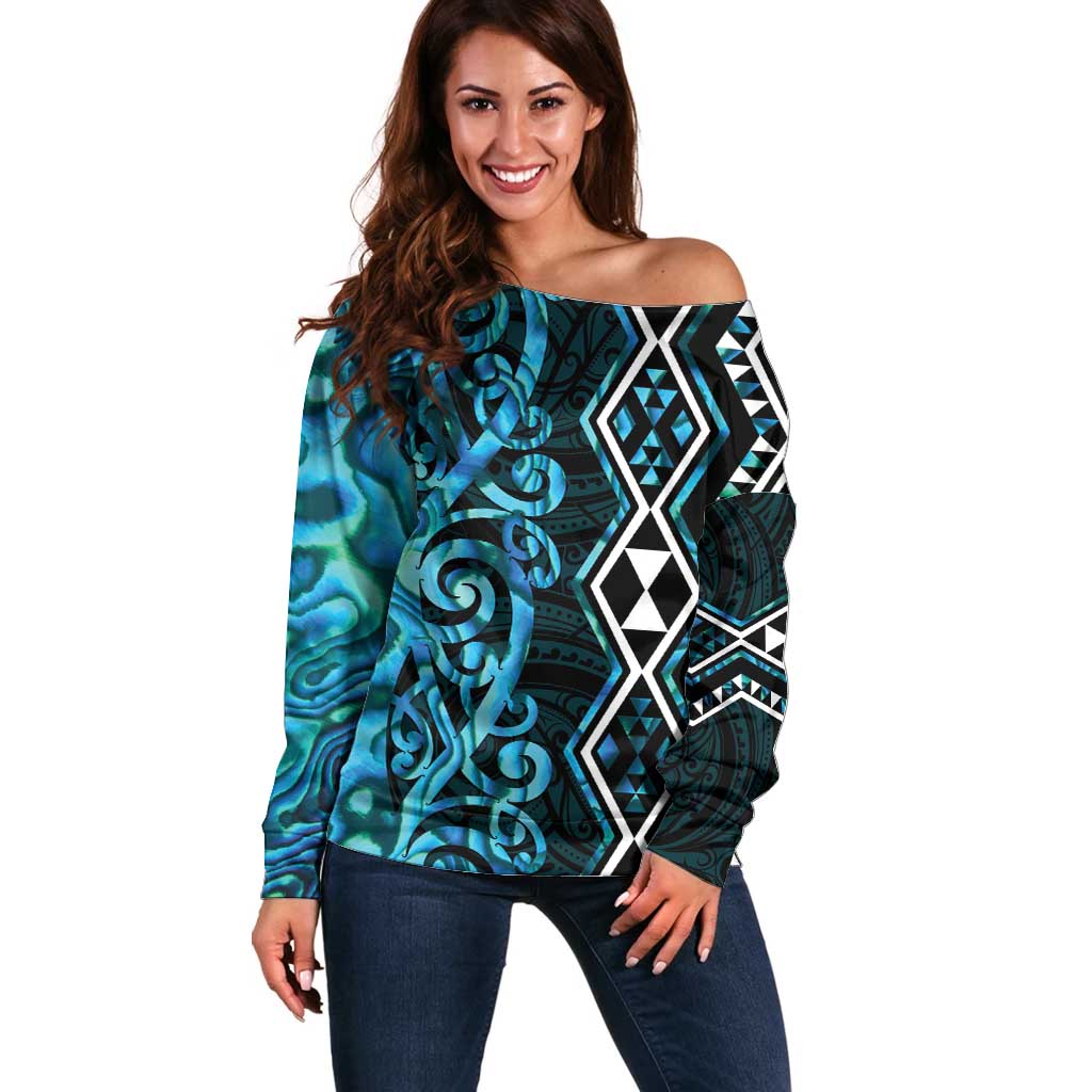Turquoise Aotearoa Off Shoulder Sweater Taniko Motifs With Paua Shell Kowhaiwhai LT14 Women Turquoise - Polynesian Pride