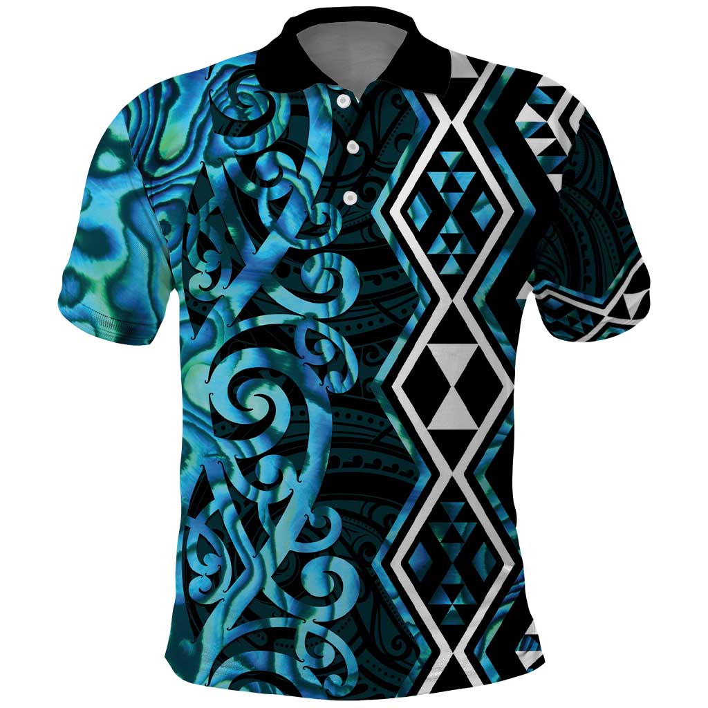 Turquoise Aotearoa Polo Shirt Taniko Motifs With Paua Shell Kowhaiwhai