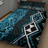 Turquoise Aotearoa Quilt Bed Set Taniko Motifs With Paua Shell Kowhaiwhai