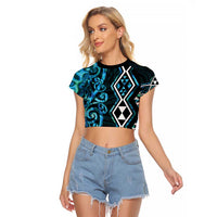 Turquoise Aotearoa Raglan Cropped T Shirt Taniko Motifs With Paua Shell Kowhaiwhai