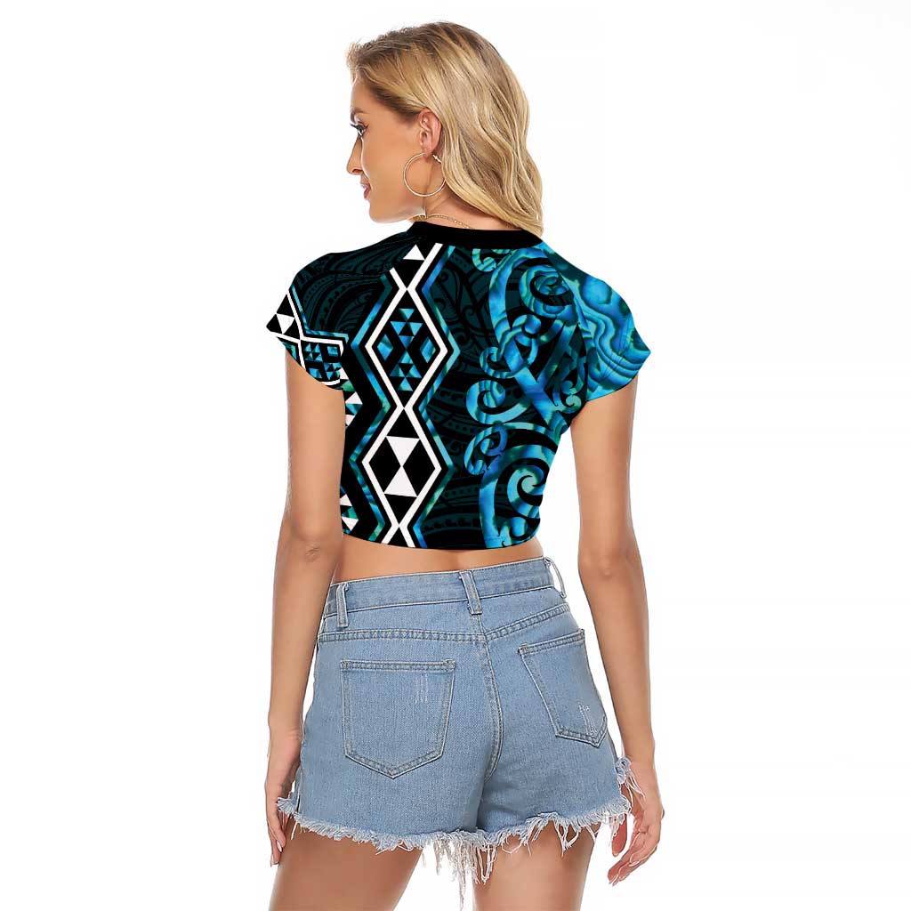 Turquoise Aotearoa Raglan Cropped T Shirt Taniko Motifs With Paua Shell Kowhaiwhai