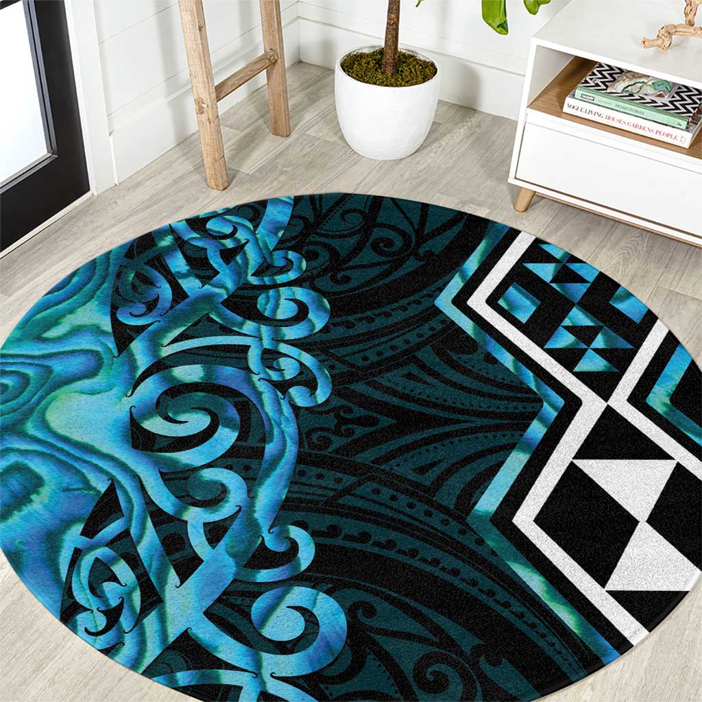 Turquoise Aotearoa Round Carpet Taniko Motifs With Paua Shell Kowhaiwhai LT14 Turquoise - Polynesian Pride