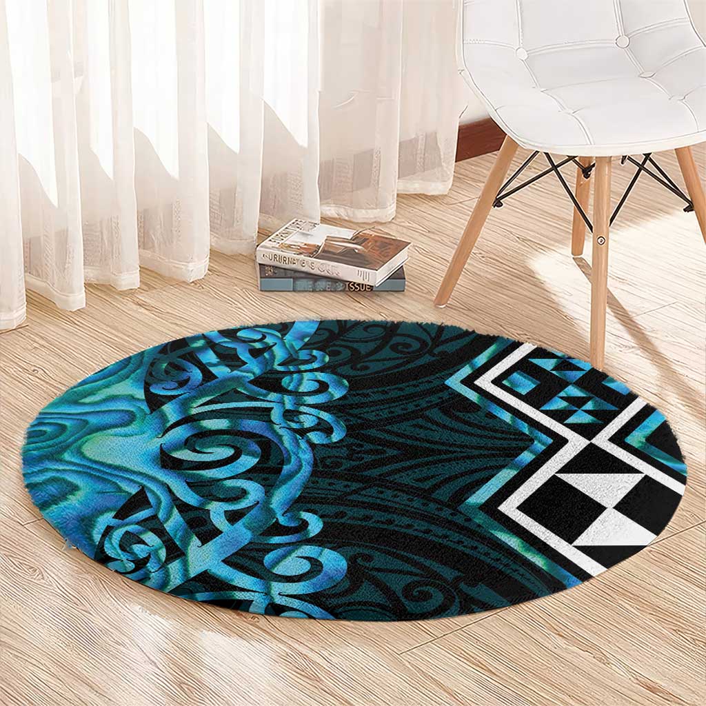 Turquoise Aotearoa Round Carpet Taniko Motifs With Paua Shell Kowhaiwhai LT14 - Polynesian Pride
