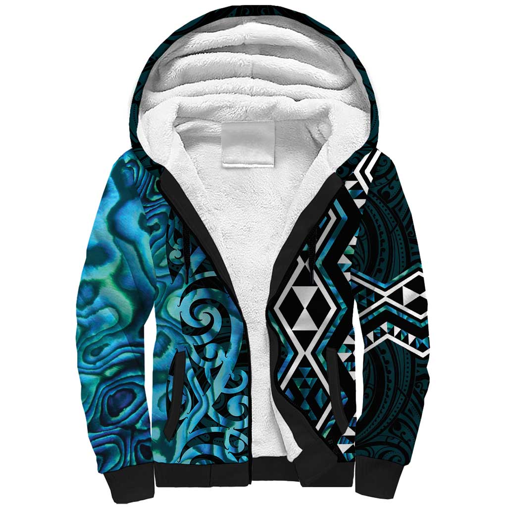 Turquoise Aotearoa Sherpa Hoodie Taniko Motifs With Paua Shell Kowhaiwhai