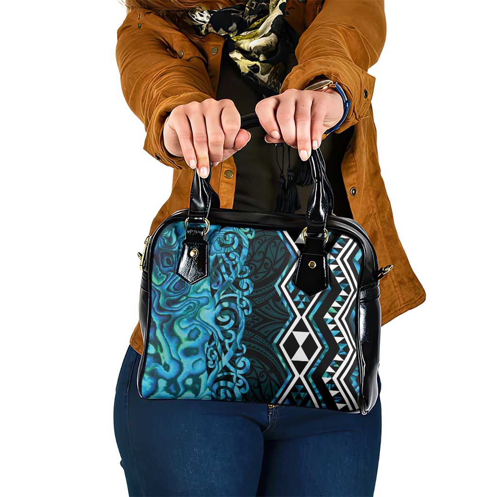 Turquoise Aotearoa Shoulder Handbag Taniko Motifs With Paua Shell Kowhaiwhai