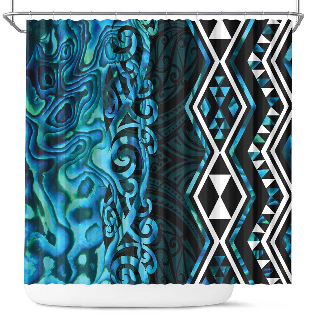 Turquoise Aotearoa Shower Curtain Taniko Motifs With Paua Shell Kowhaiwhai LT14 Turquoise - Polynesian Pride