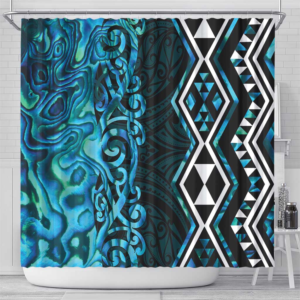 Turquoise Aotearoa Shower Curtain Taniko Motifs With Paua Shell Kowhaiwhai LT14 - Polynesian Pride