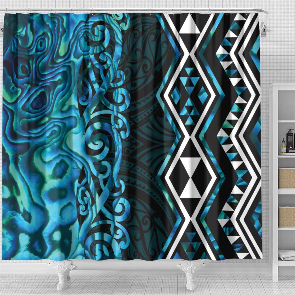 Turquoise Aotearoa Shower Curtain Taniko Motifs With Paua Shell Kowhaiwhai LT14 - Polynesian Pride