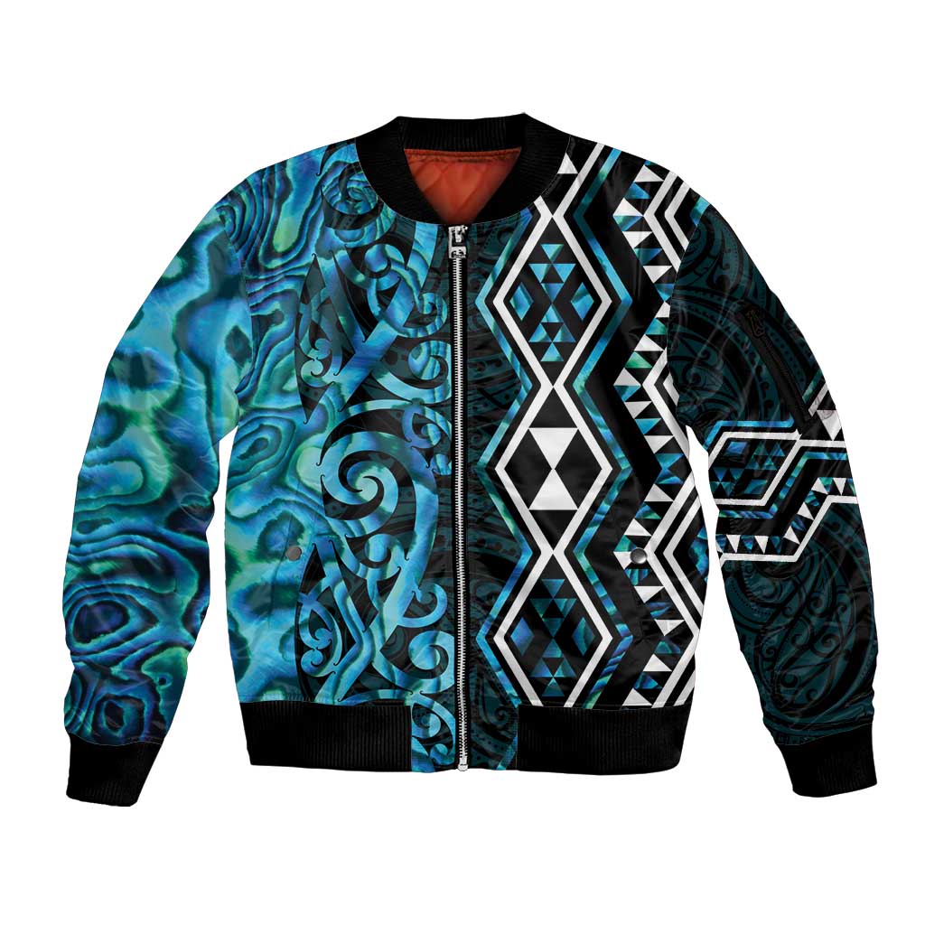 Turquoise Aotearoa Sleeve Zip Bomber Jacket Taniko Motifs With Paua Shell Kowhaiwhai LT14 Unisex Turquoise - Polynesian Pride