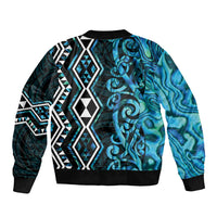 Turquoise Aotearoa Sleeve Zip Bomber Jacket Taniko Motifs With Paua Shell Kowhaiwhai