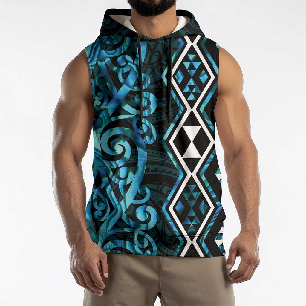 Turquoise Aotearoa Sleeveless Hoodie Taniko Motifs With Paua Shell Kowhaiwhai - Polynesian Pride