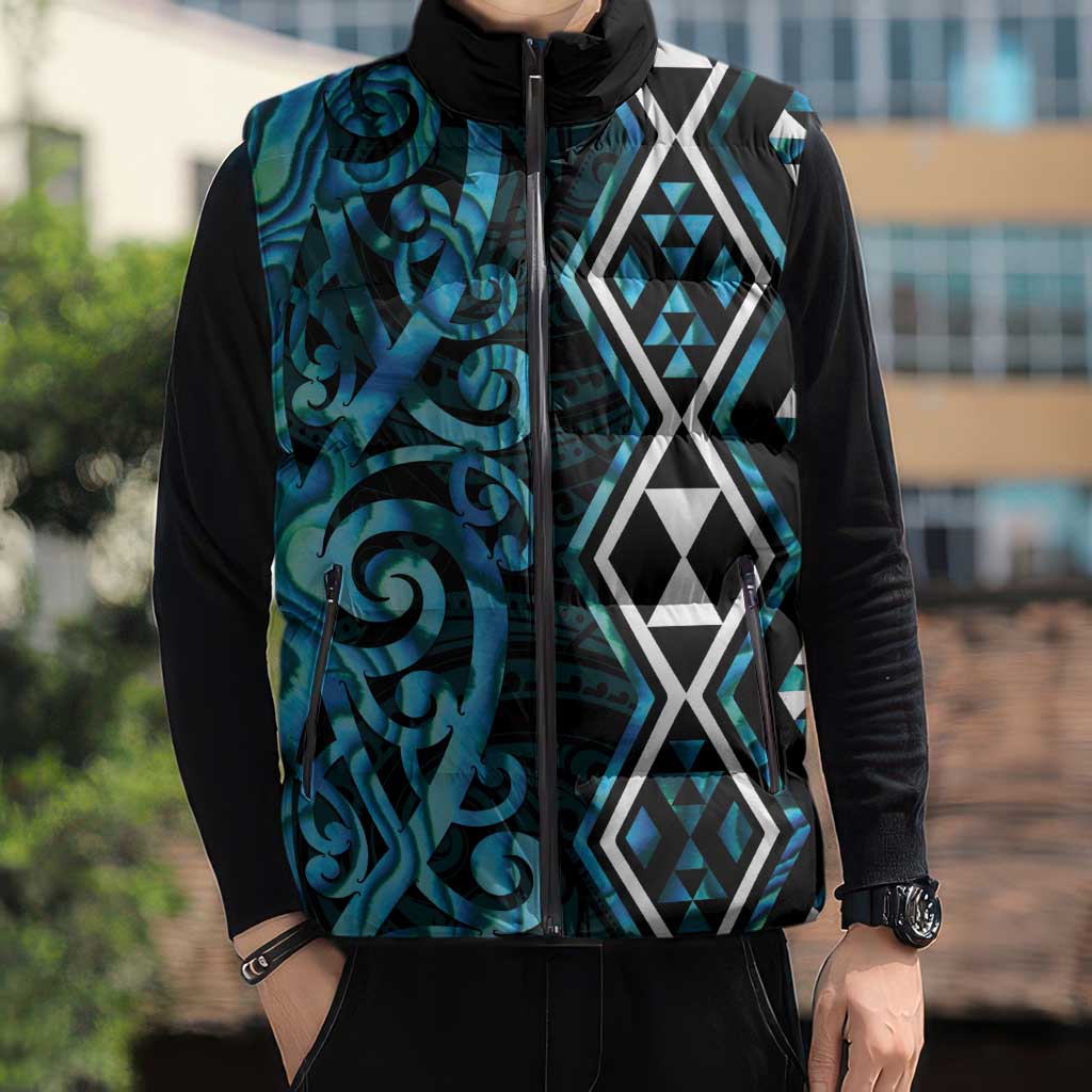 Turquoise Aotearoa Sleeveless Puffer Jacket Taniko Motifs With Paua Shell Kowhaiwhai - Polynesian Pride