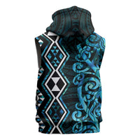 Turquoise Aotearoa Sleeveless Zip Hoodie Taniko Motifs With Paua Shell Kowhaiwhai - Polynesian Pride