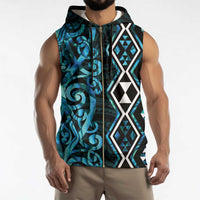 Turquoise Aotearoa Sleeveless Zip Hoodie Taniko Motifs With Paua Shell Kowhaiwhai - Polynesian Pride