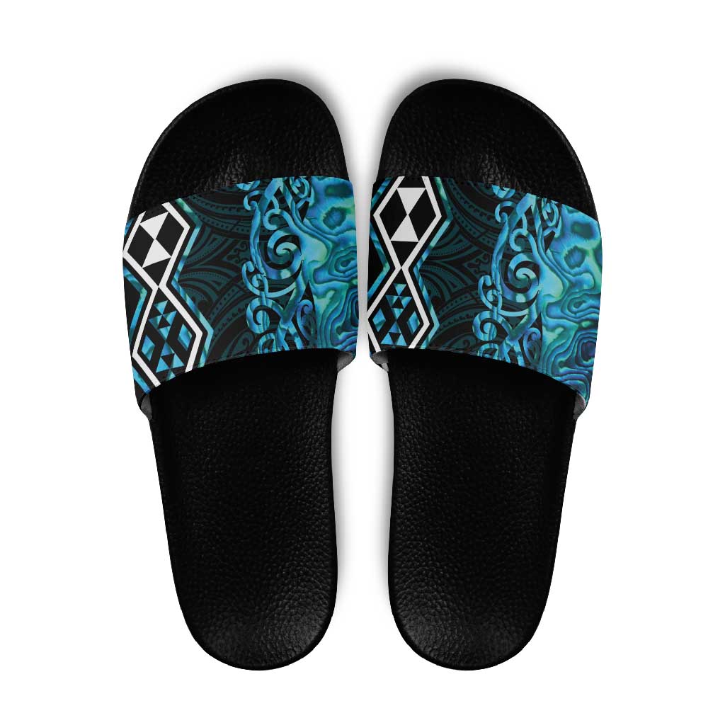 Turquoise Aotearoa Slide Sandals Taniko Motifs With Paua Shell Kowhaiwhai - Polynesian Pride