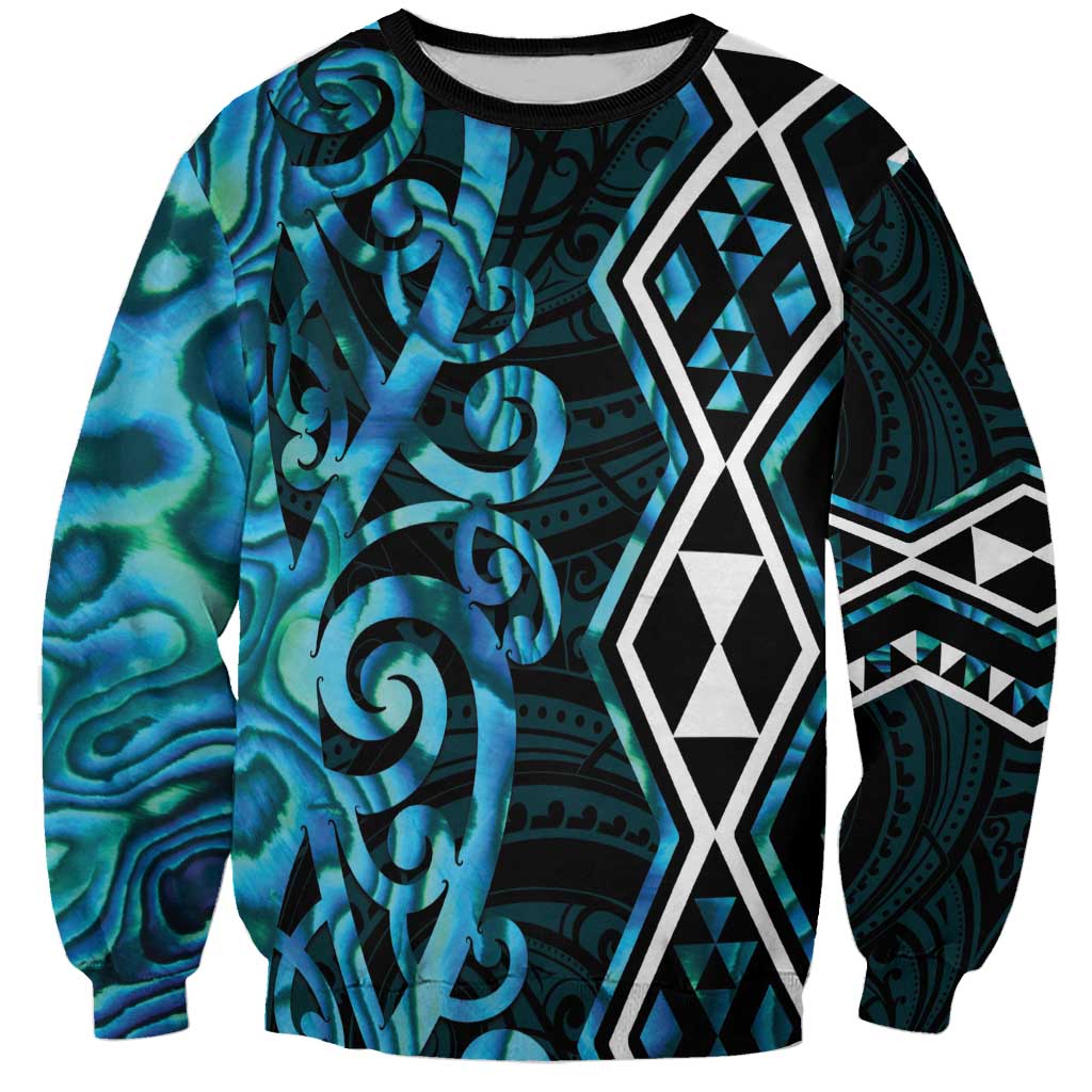 Turquoise Aotearoa Sweatshirt Taniko Motifs With Paua Shell Kowhaiwhai