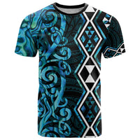 Turquoise Aotearoa T Shirt Taniko Motifs With Paua Shell Kowhaiwhai