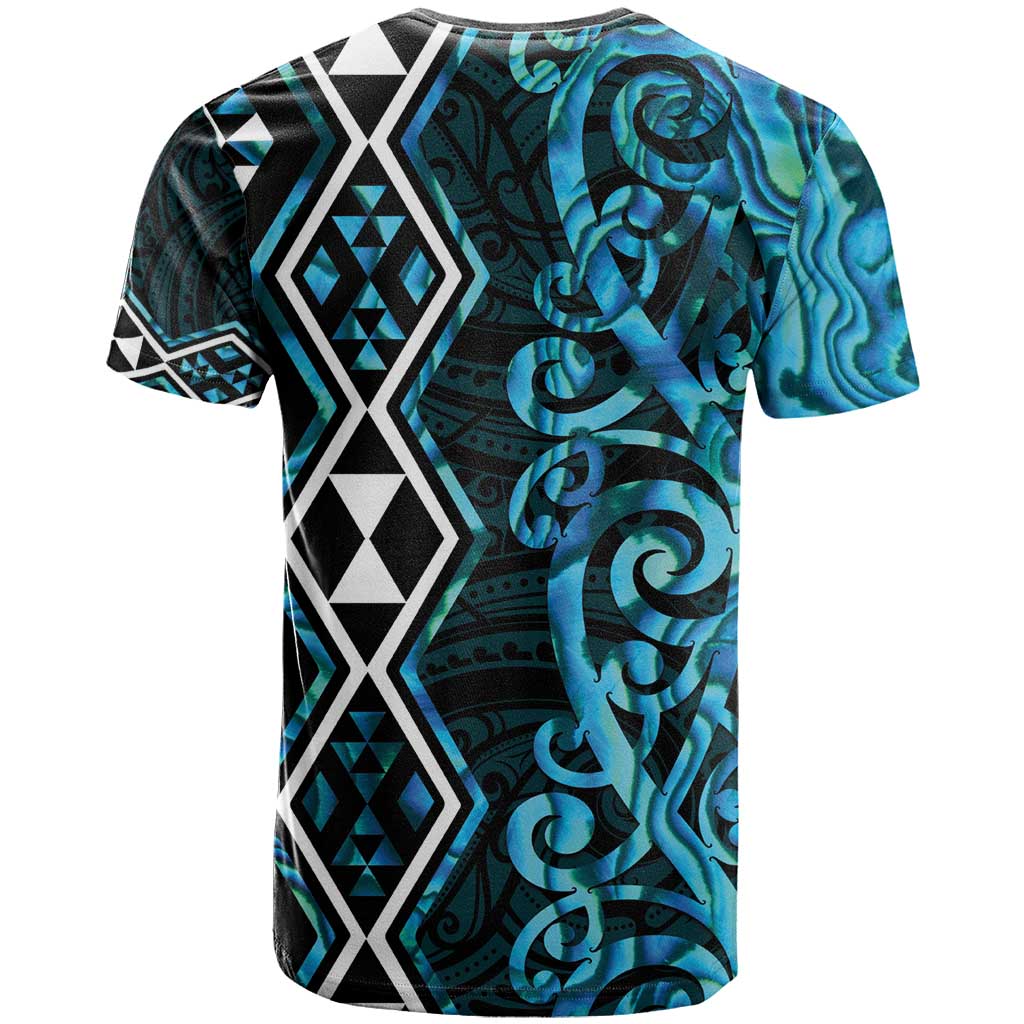 Turquoise Aotearoa T Shirt Taniko Motifs With Paua Shell Kowhaiwhai