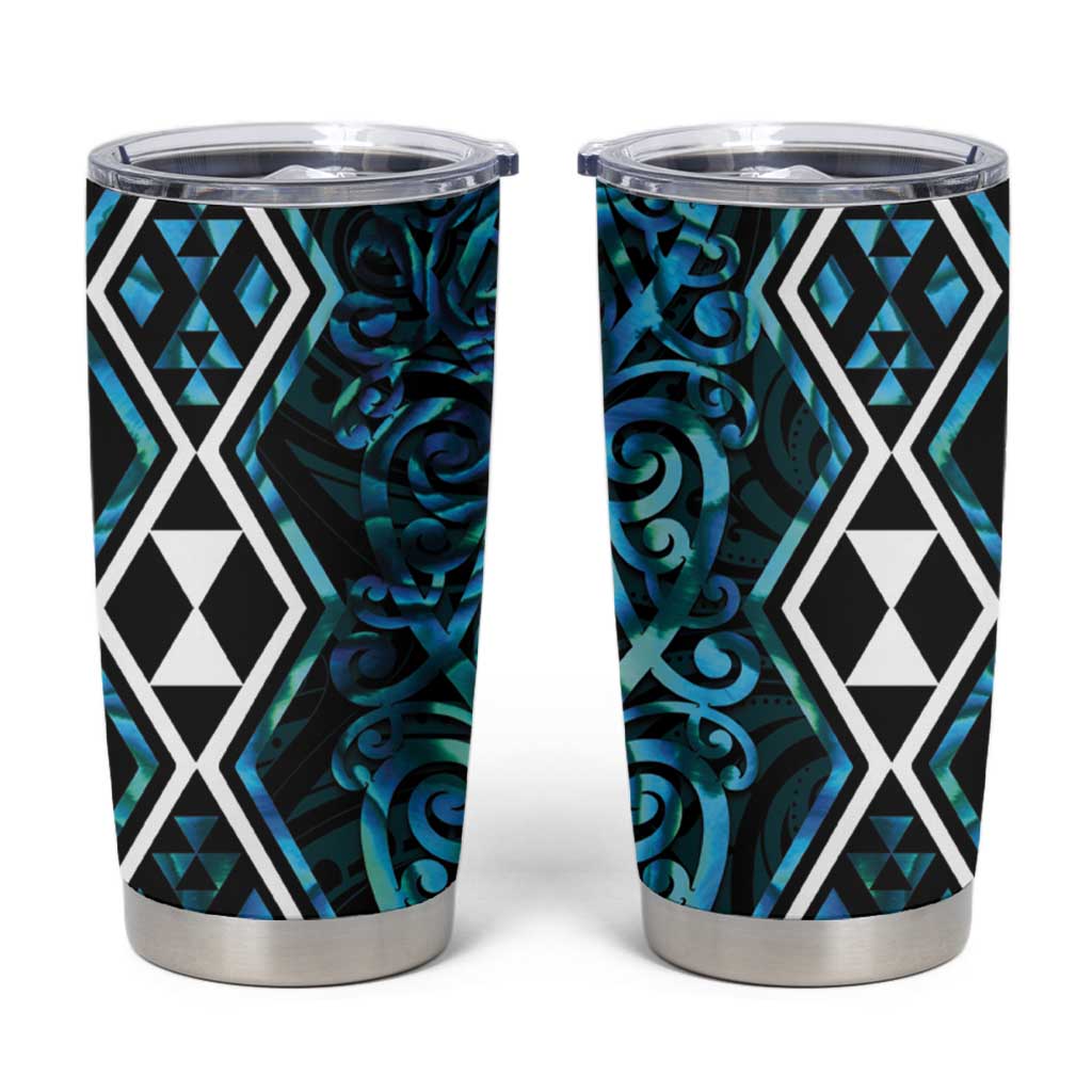 Turquoise Aotearoa Tumbler Cup Taniko Motifs With Paua Shell Kowhaiwhai