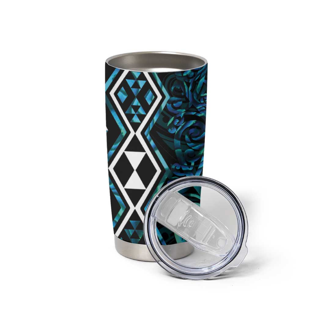 Turquoise Aotearoa Tumbler Cup Taniko Motifs With Paua Shell Kowhaiwhai