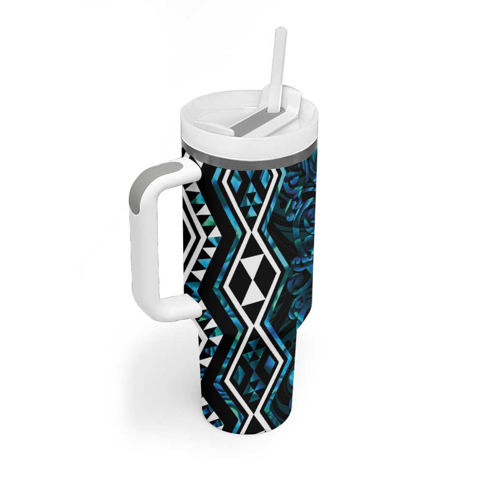 Turquoise Aotearoa Tumbler With Handle Taniko Motifs With Paua Shell Kowhaiwhai