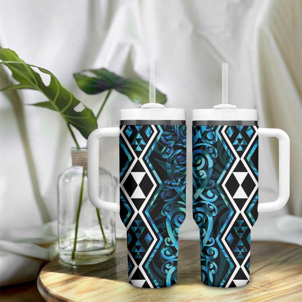 Turquoise Aotearoa Tumbler With Handle Taniko Motifs With Paua Shell Kowhaiwhai