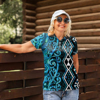 Turquoise Aotearoa Women Polo Shirt Taniko Motifs With Paua Shell Kowhaiwhai