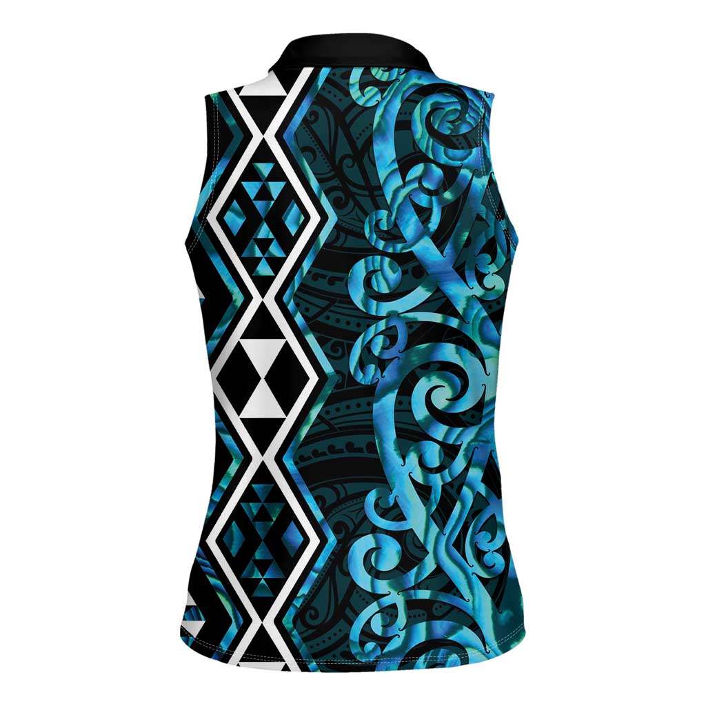 Turquoise Aotearoa Women Sleeveless Polo Shirt Taniko Motifs With Paua Shell Kowhaiwhai