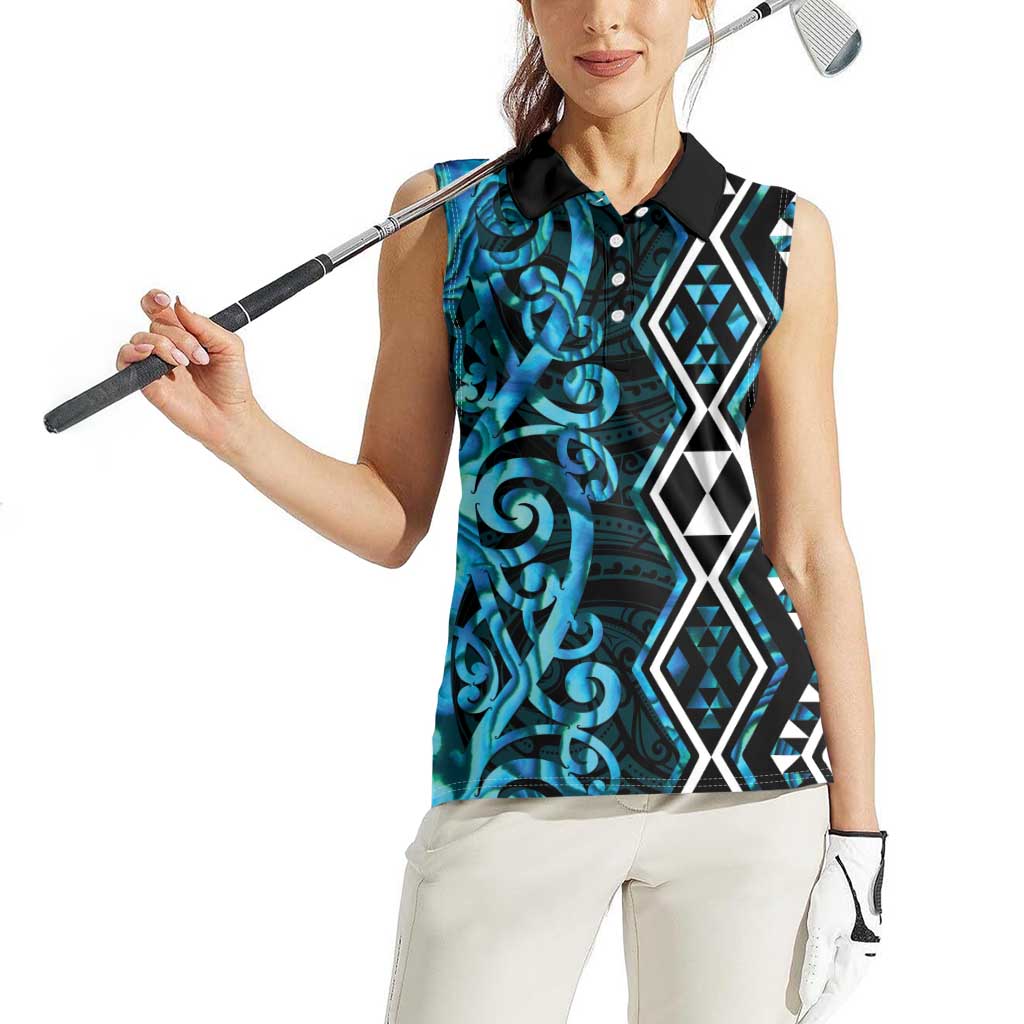 Turquoise Aotearoa Women Sleeveless Polo Shirt Taniko Motifs With Paua Shell Kowhaiwhai