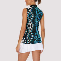 Turquoise Aotearoa Women Sleeveless Polo Shirt Taniko Motifs With Paua Shell Kowhaiwhai