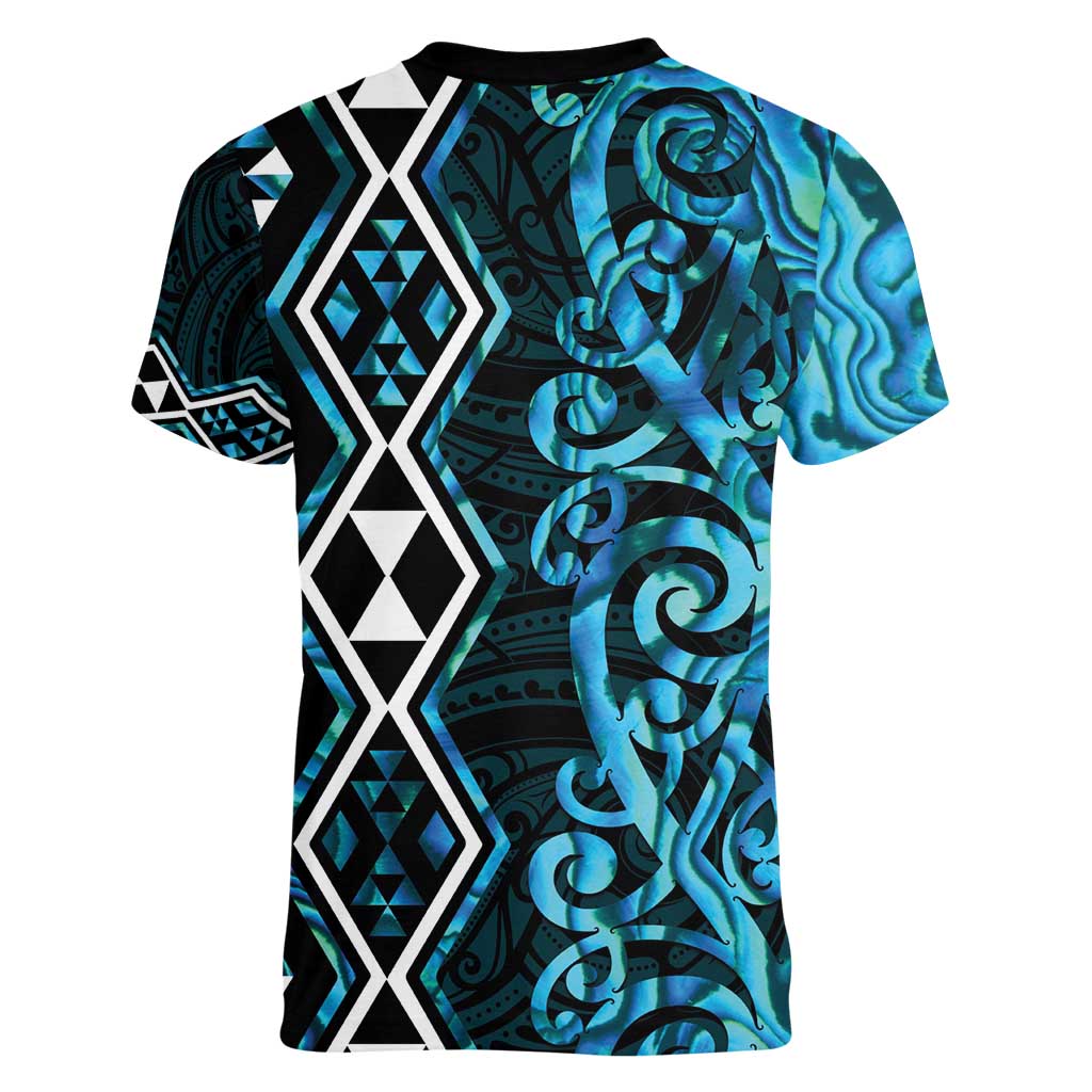Turquoise Aotearoa Women V-Neck T-Shirt Taniko Motifs With Paua Shell Kowhaiwhai