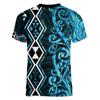 Turquoise Aotearoa Women V-Neck T-Shirt Taniko Motifs With Paua Shell Kowhaiwhai