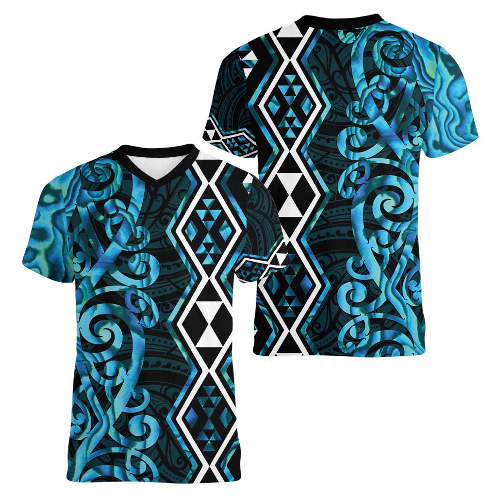 Turquoise Aotearoa Women V-Neck T-Shirt Taniko Motifs With Paua Shell Kowhaiwhai