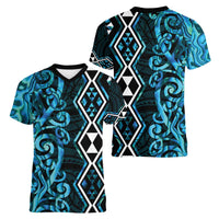 Turquoise Aotearoa Women V-Neck T-Shirt Taniko Motifs With Paua Shell Kowhaiwhai