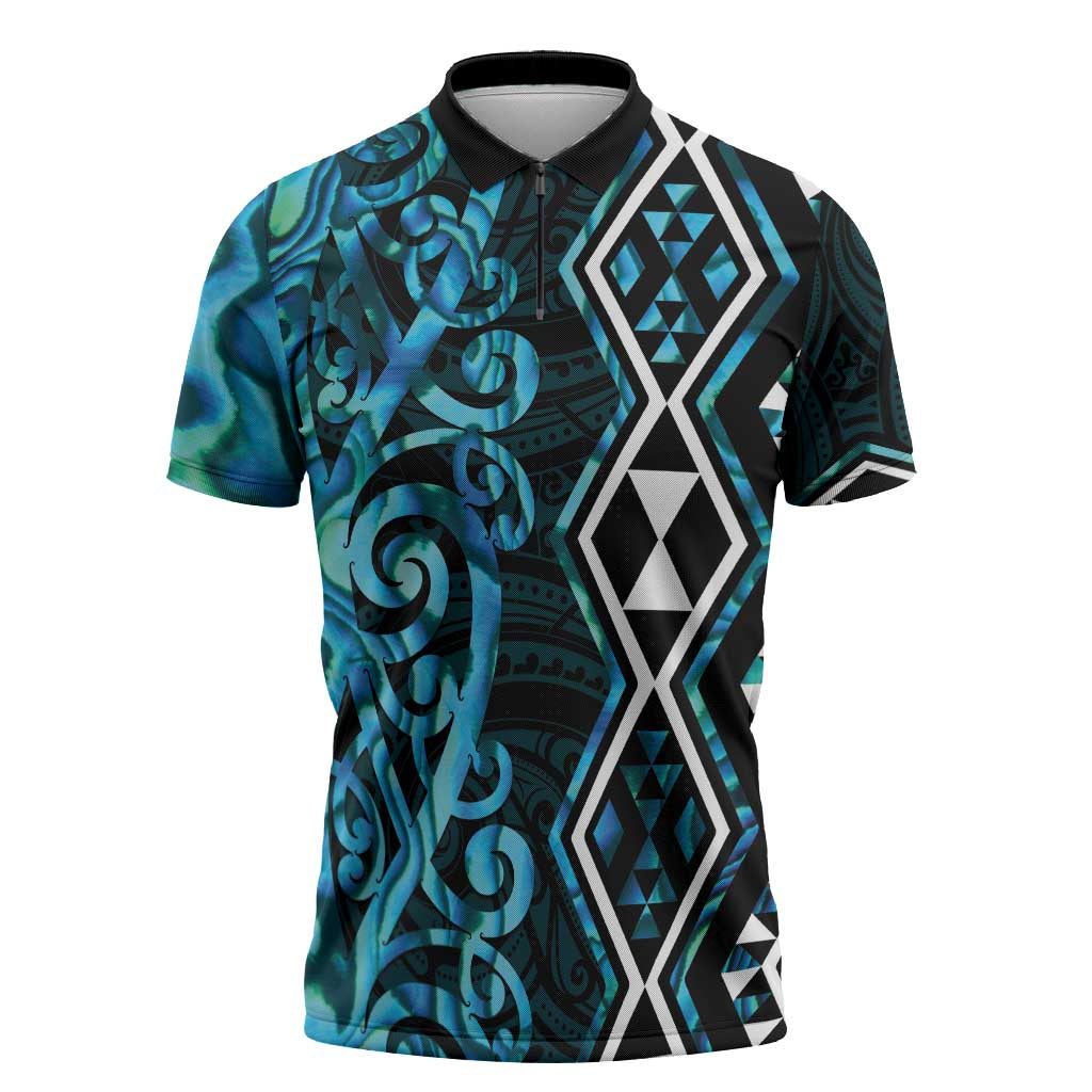 Turquoise Aotearoa Zipper Polo Shirt Taniko Motifs With Paua Shell Kowhaiwhai - Polynesian Pride